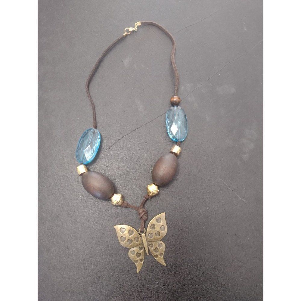 Large bronze tone butterfly pendant necklace 22"